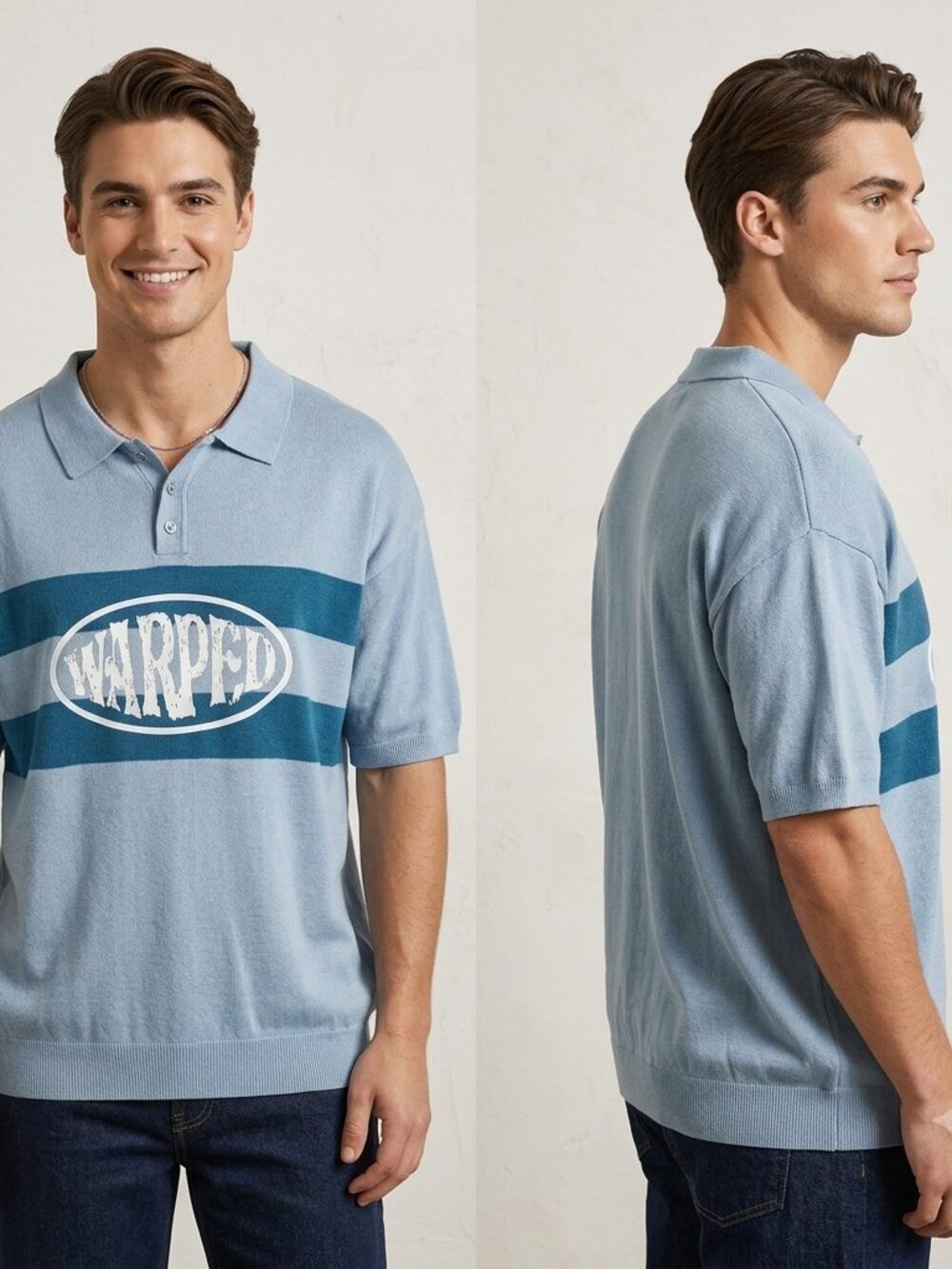 Forever 21 Light Blue with Dark Blue Stripe Men's Knit Polo Shirt Size Large NEW